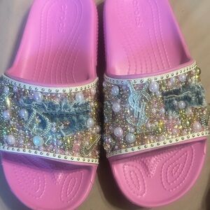 CROCS Pink Embellished Slides with Pearls and Denim